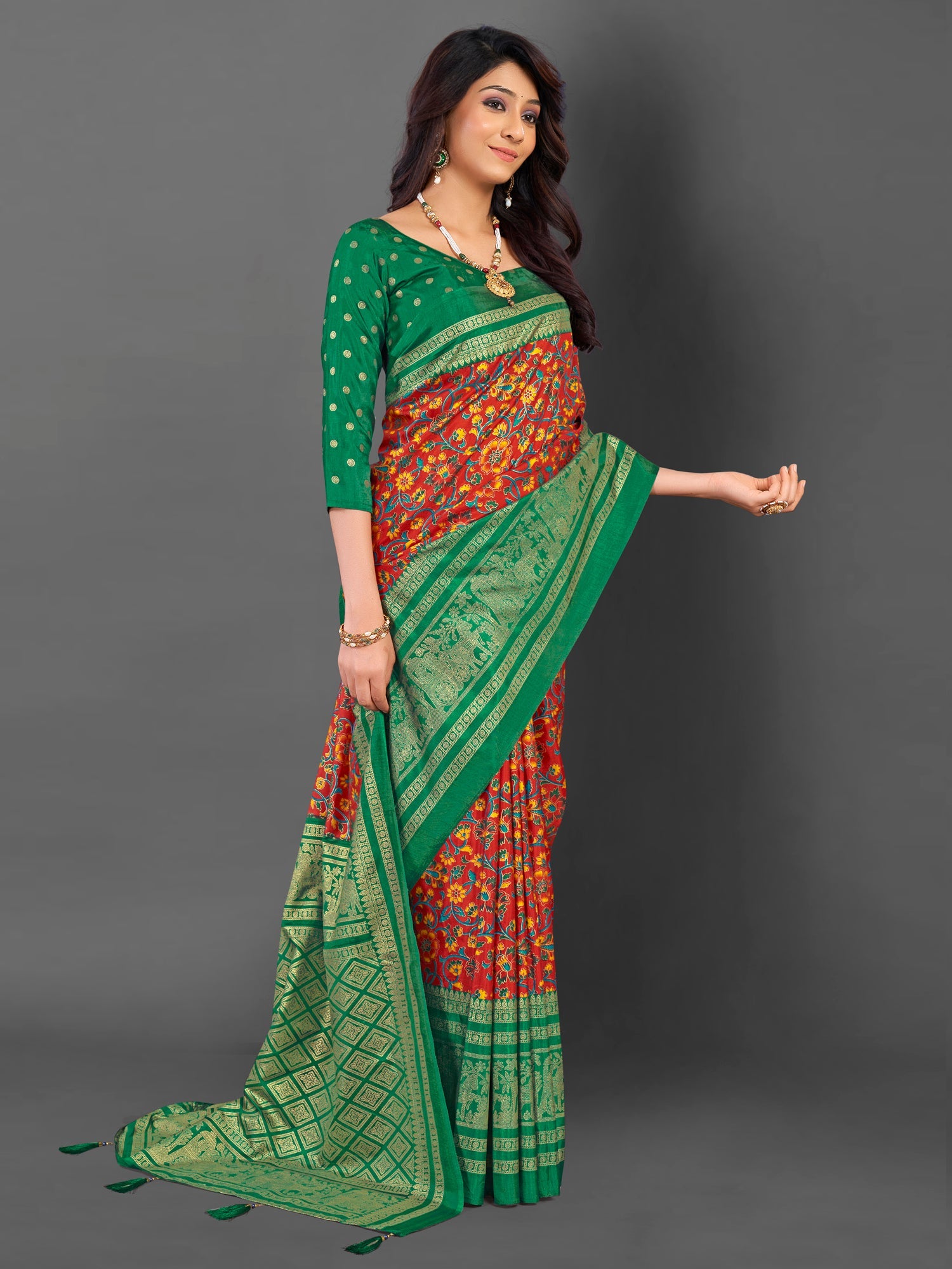 NOZ2TOZ Women's Cotton Blend Red Printed Designer Saree With Blouse Piece - Distacart