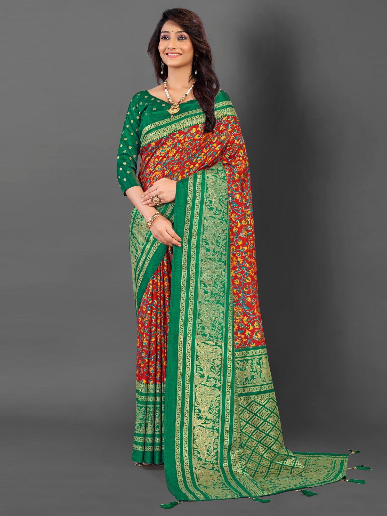 NOZ2TOZ Women's Cotton Blend Red Printed Designer Saree With Blouse Piece - Distacart