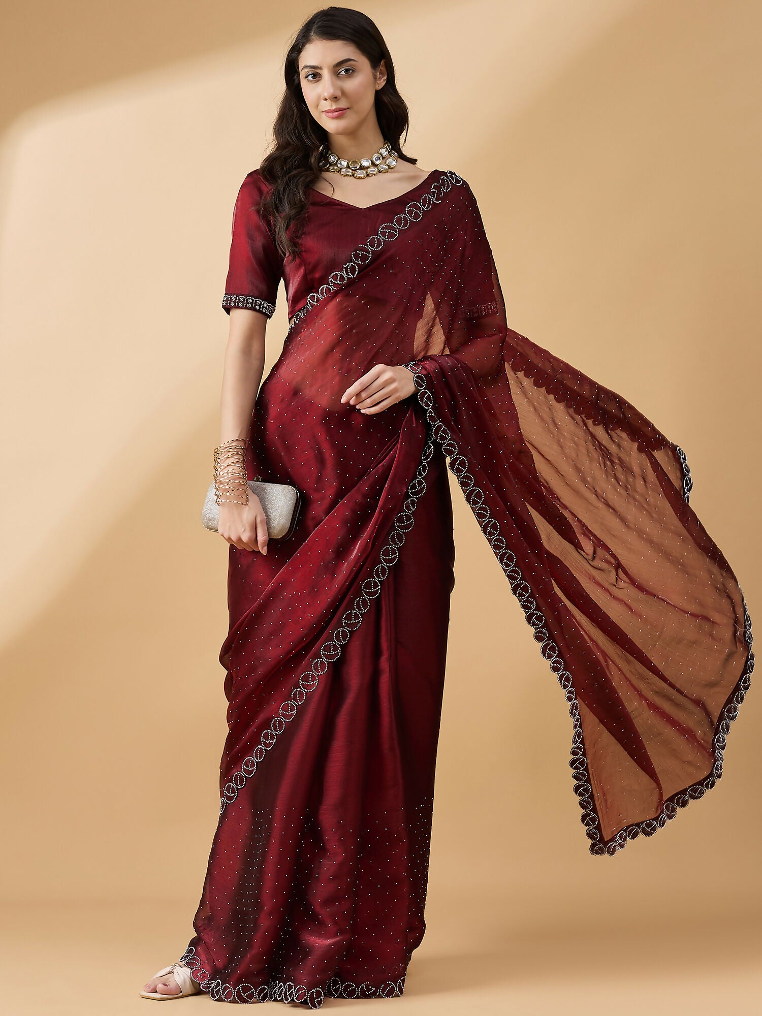 Brown Organza Swaroski Diamond Work Saree with Unstitched Blouse - Radha - Distacart
