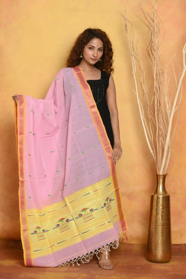 Very Much Indian Handloom Pure Cotton Paithani Dupatta Pink - Distacart