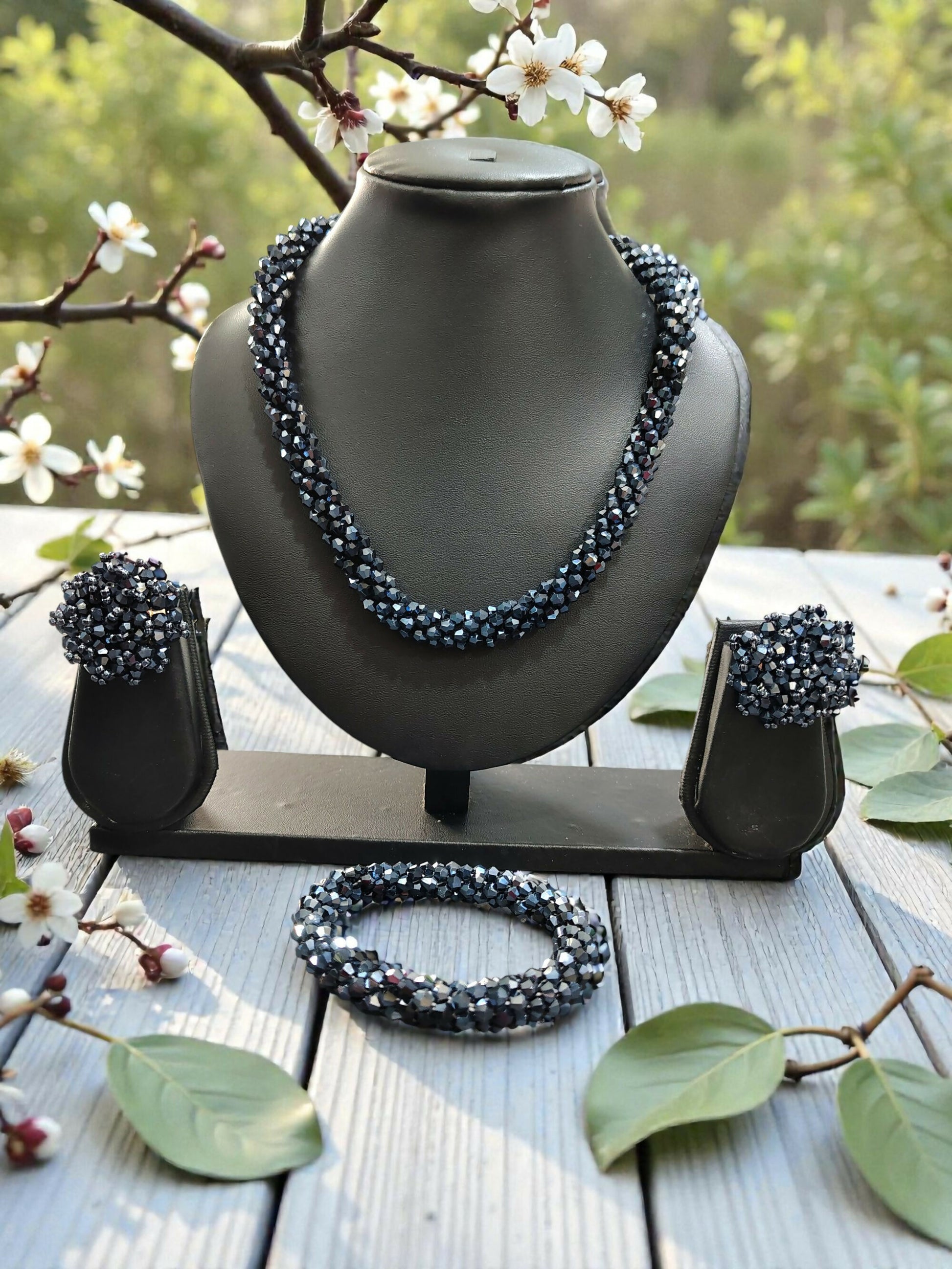 Inhanns Complete Look Crystal Statement 3-Piece Set (Adjustable Necklace + Earrings + Adjustable Bangle ) - Navy Blue - Distacart