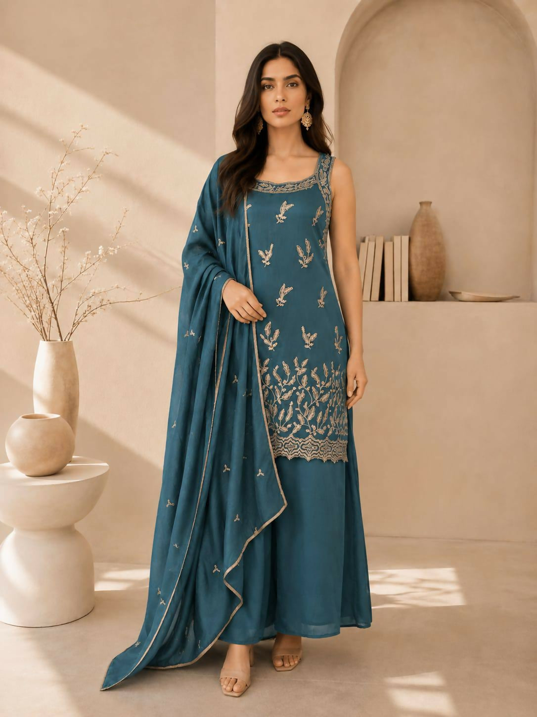 Teeya Creation Teal Blue Embroidered Georgette Straight Kurta With Palazzo And Dupatta Set - Dista