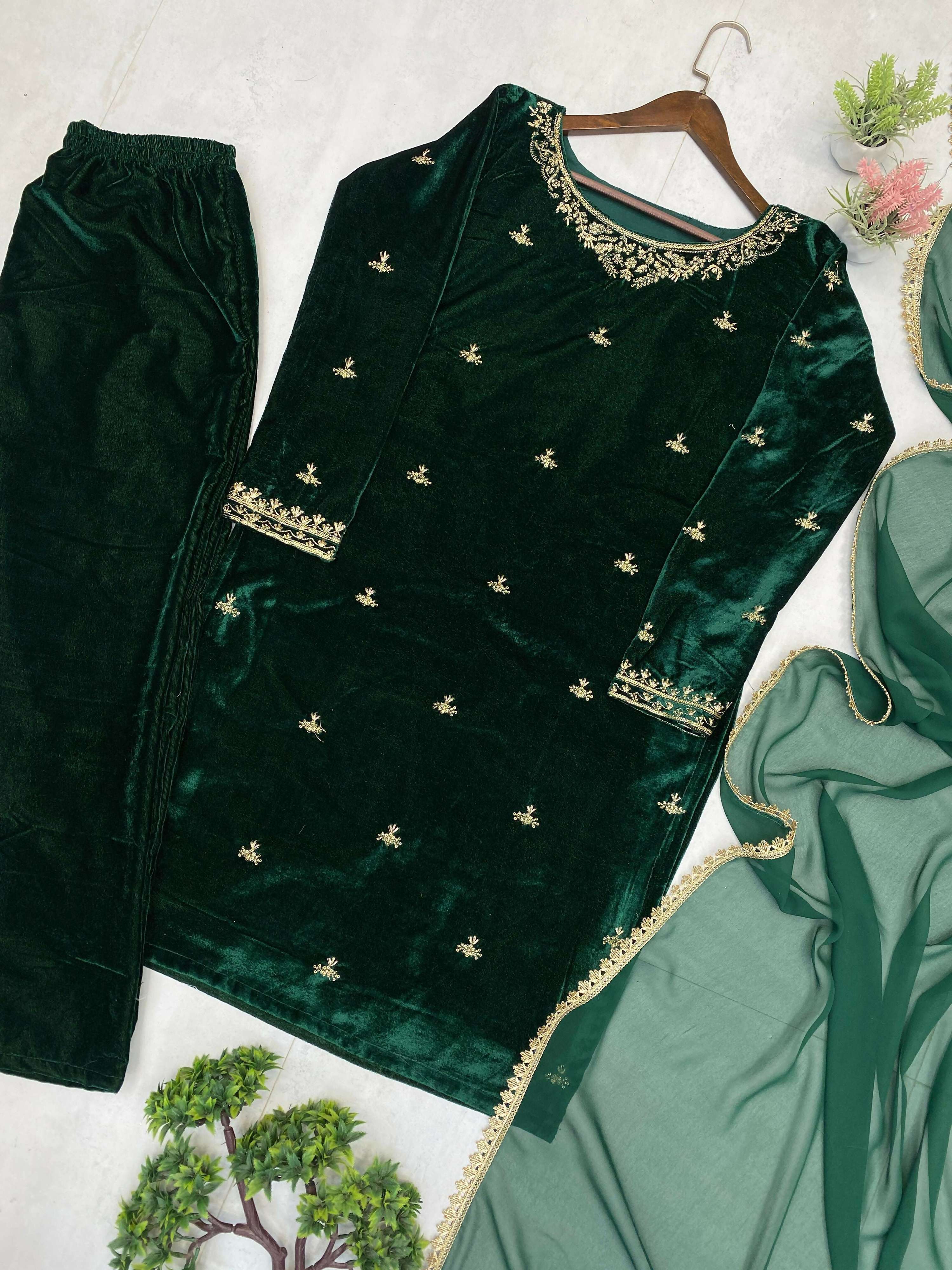 Vastranavya Green Velvet Sequence Embroidery Work Kurta & Bottom With Dupatta