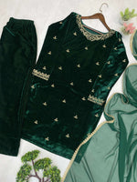 Thumbnail for Vastranavya Green Velvet Sequence Embroidery Work Kurta & Bottom With Dupatta