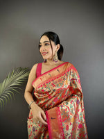 Thumbnail for Joban Fashion Rani Pink Floral & Leaf Designs Soft Silk Paithani Saree - Distacart