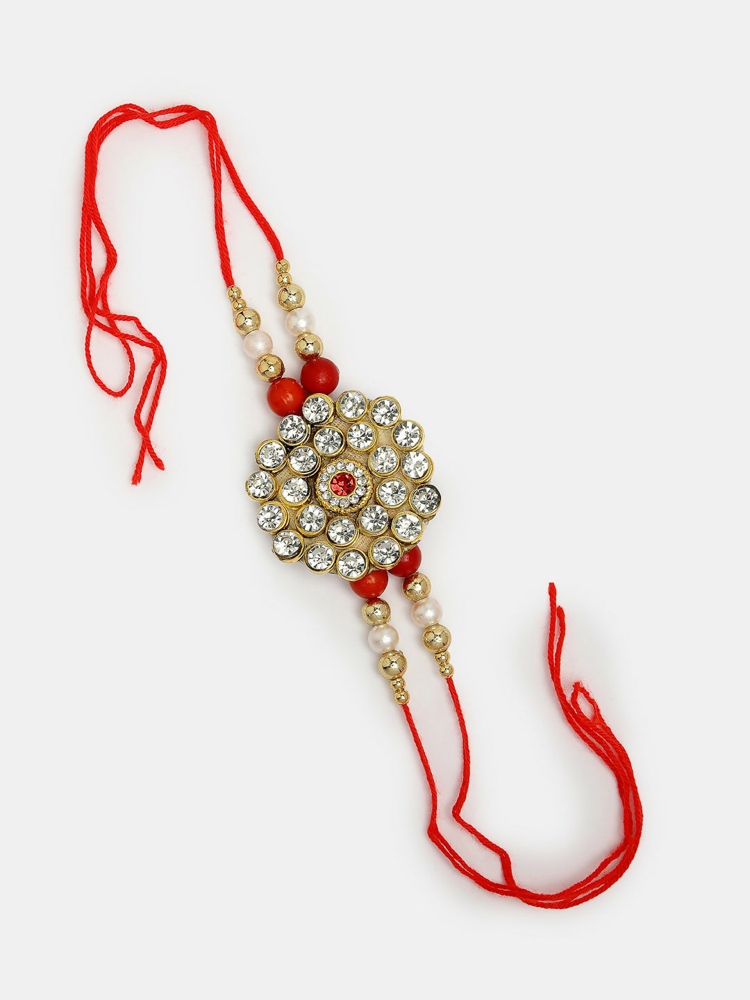 NVR Women & Men Set of 2 Red & Gold-Toned Stone-Studded & Beaded Bhaiya Bhabhi Rakhi With Roli Chawal & Chocolate - Distacart