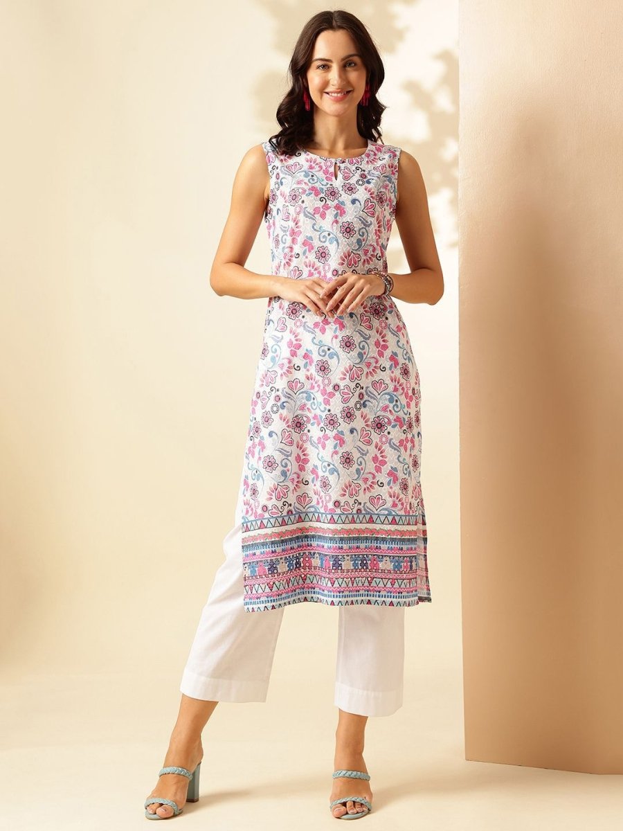 Anouk Floral Printed Keyhole Neck Pure Cotton Straight Kurta - Distacart