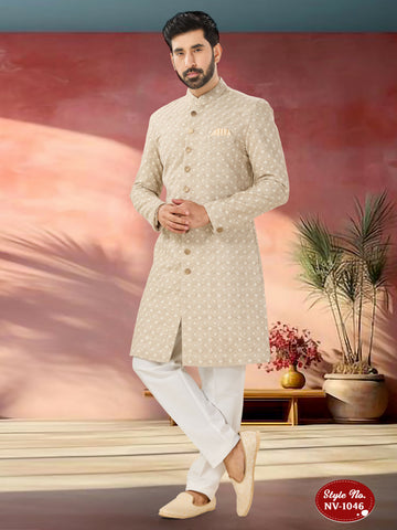Joban Fashion Men's Beige Straight Swed Velvet Thread And Sequence Embroidary All Over Indo-Western Kurta Set - Distacart
