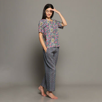 Breathables Women Cotton Printed Loungewear Kurta And Pants Co-Ord Set With Crop Top Grey I Nightwear - Dista