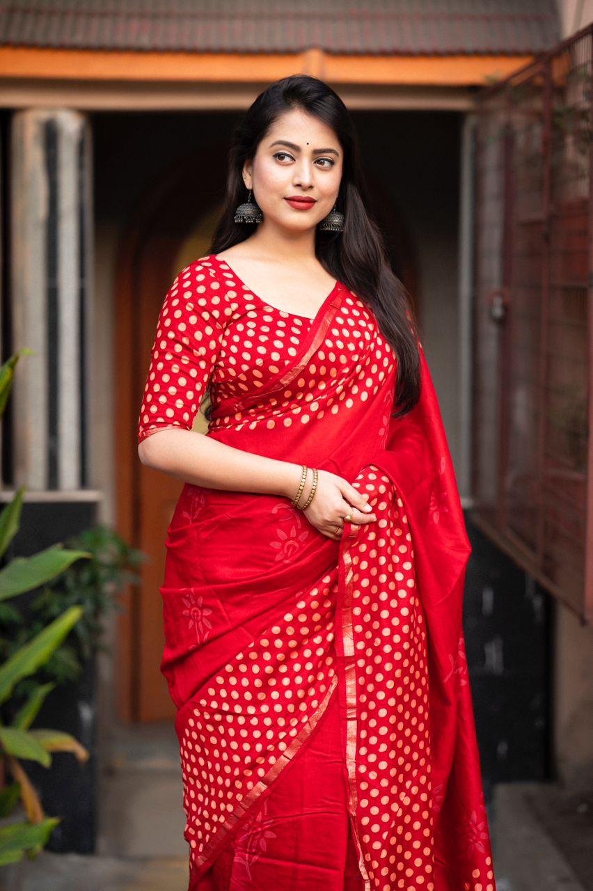 Red Pure Chanderi Hand Block Saree with Unstitched Blouse - Hiral Fashion - Distacart