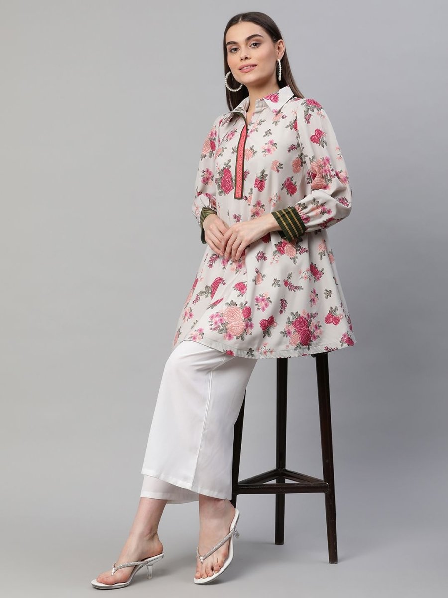 Ahalyaa Women Beige Crepe Digital Floral Print Tunic - Distacart