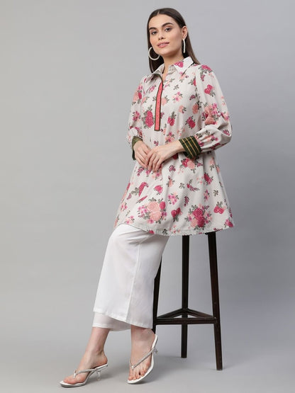 Ahalyaa Women Beige Crepe Digital Floral Print Tunic - Distacart