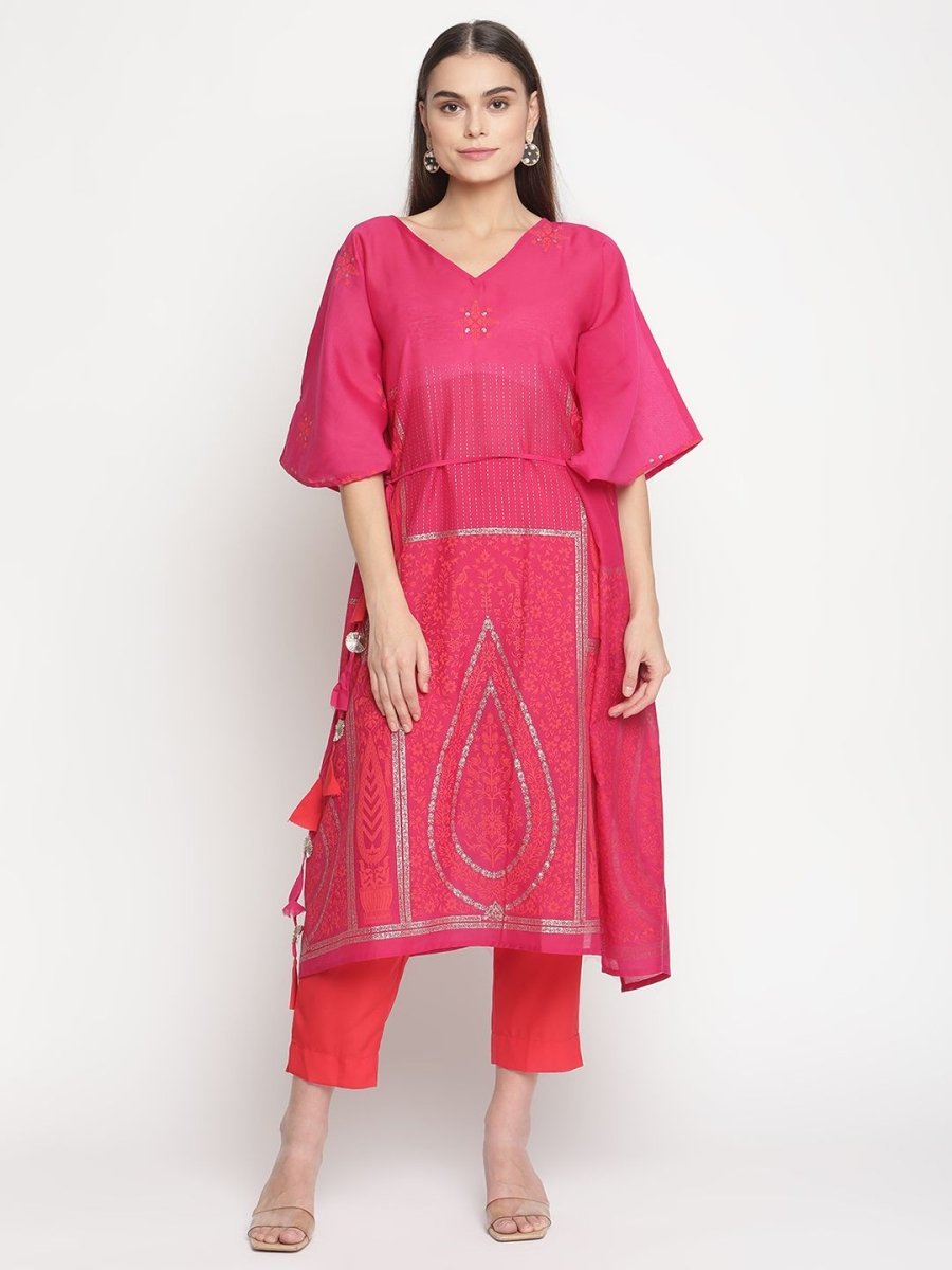 Ahalyaa Pink Chanderi Orange khari Print Kaftan With Trouser
