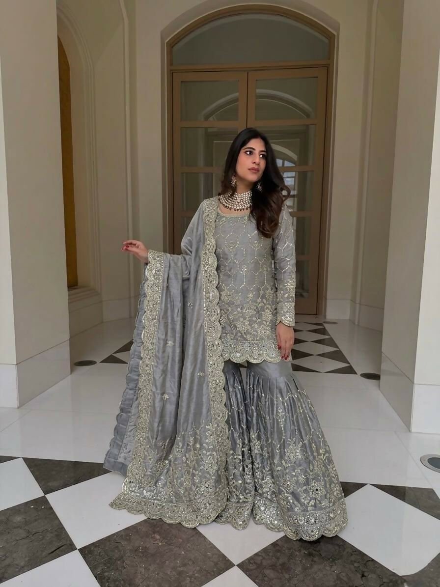 Teeya Creation New Trendy Latest Designer Embroidery Sharara Kurta Set -Grey - Dista
