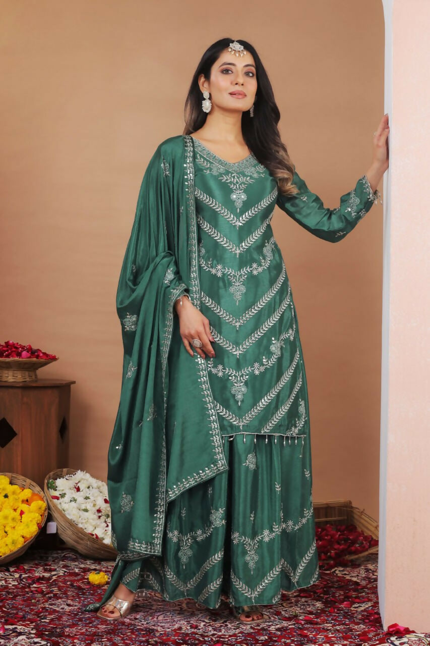 Joban Fashion Green Silk Embroidered Sharara Set - Distacart