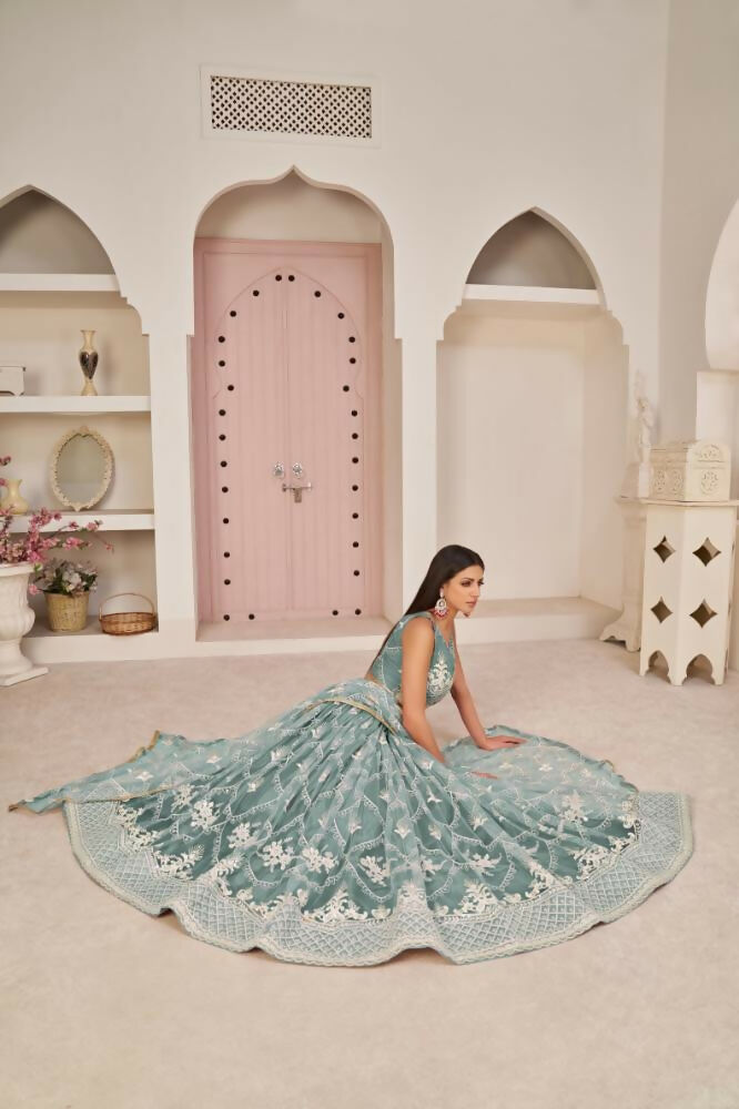 Aastha Fashion Ocean Blue Butterfly Net White Cotton Thread Work, Zari Work And Sandwich Sequence Work Embroidery Wedding Wear Lehenga Choli - Distacart
