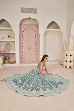 Thumbnail for Aastha Fashion Ocean Blue Butterfly Net White Cotton Thread Work, Zari Work And Sandwich Sequence Work Embroidery Wedding Wear Lehenga Choli - Distacart