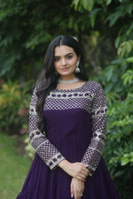 Thumbnail for Jyoti Fashion Women's Purple Sequins Zari Embroidered Faux Georgette Anarkali Dress - Distacart