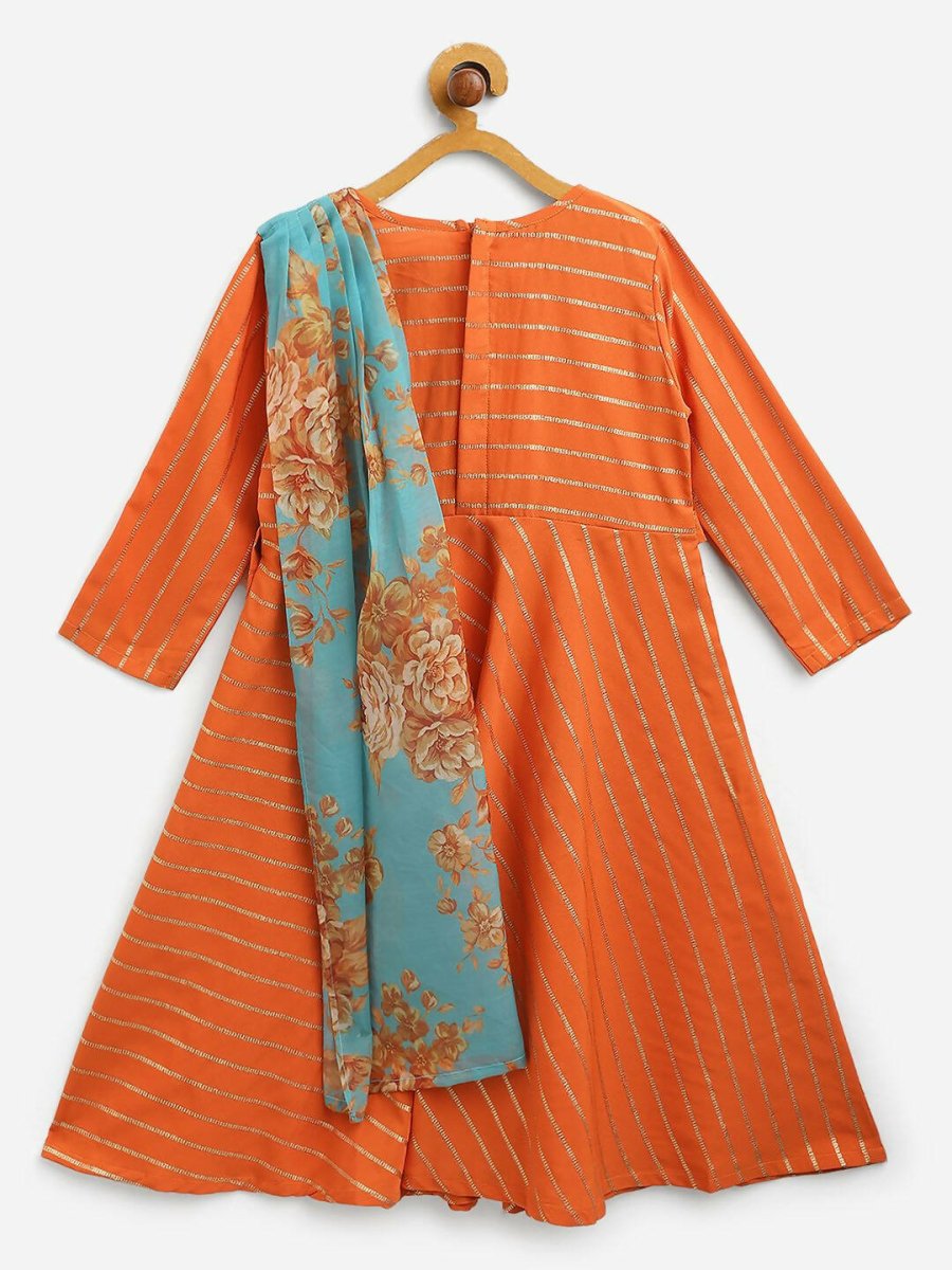 Ahalyaa Orange Crepe Gold Striped Printed Kids Dress Kurta With Attached Dupatta For Girls - Distacart