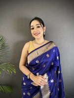 Thumbnail for Joban Fashion Royal Blue Peacock & Floral Motifs Soft Silk Kanchipuram Saree - Distacart