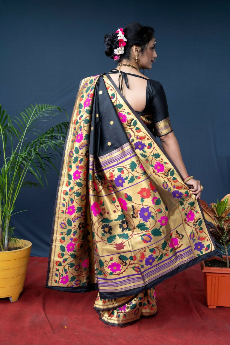 Jyoti Fashion Women's Black Paithani Silk Zari Woven Saree with Blouse - Distacart