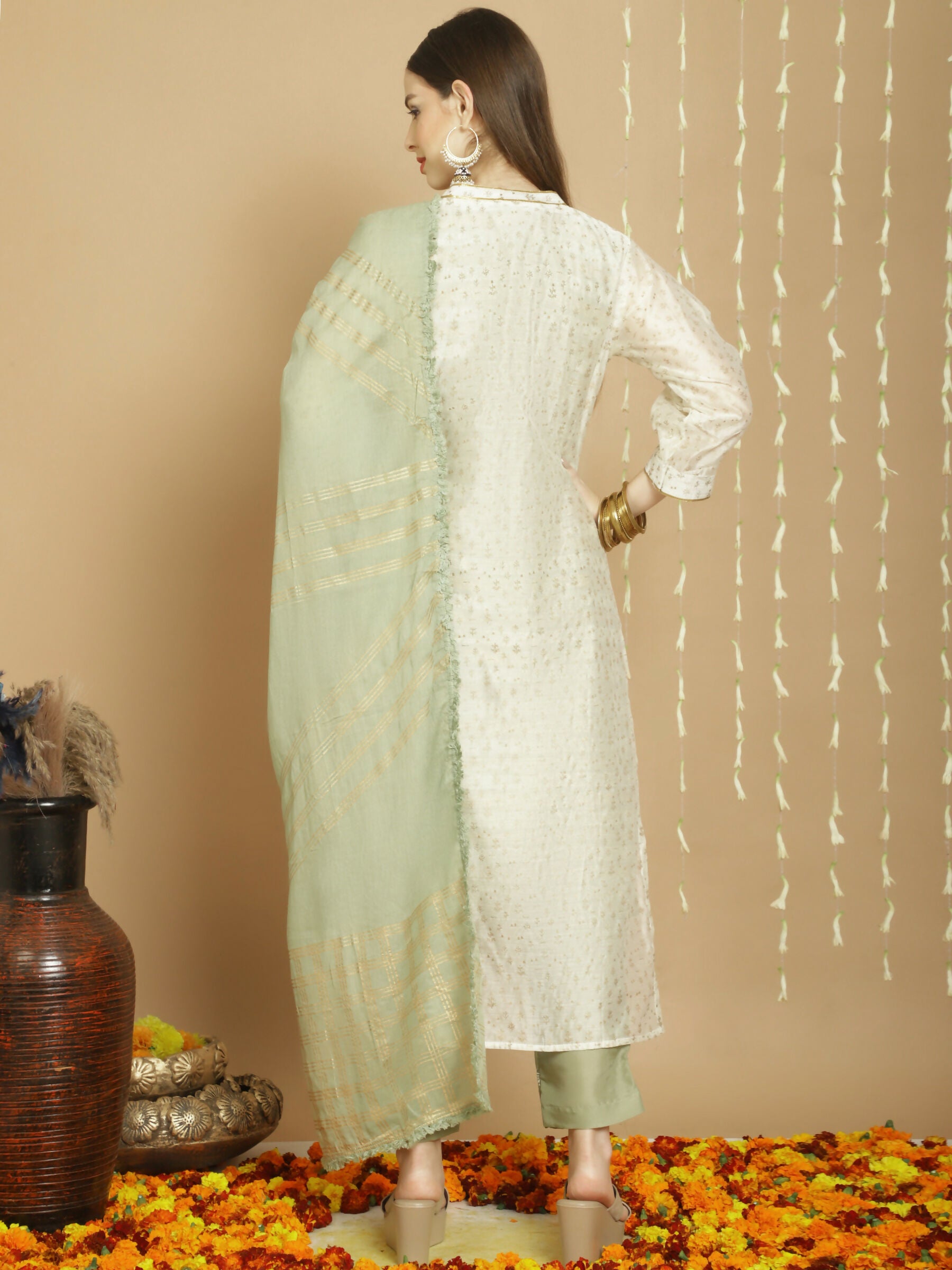 Jyoti Fashion Women's Off White Chanderi Silk Elegant Jardoshi Kurta with Trouser & Dupatta - Distacart