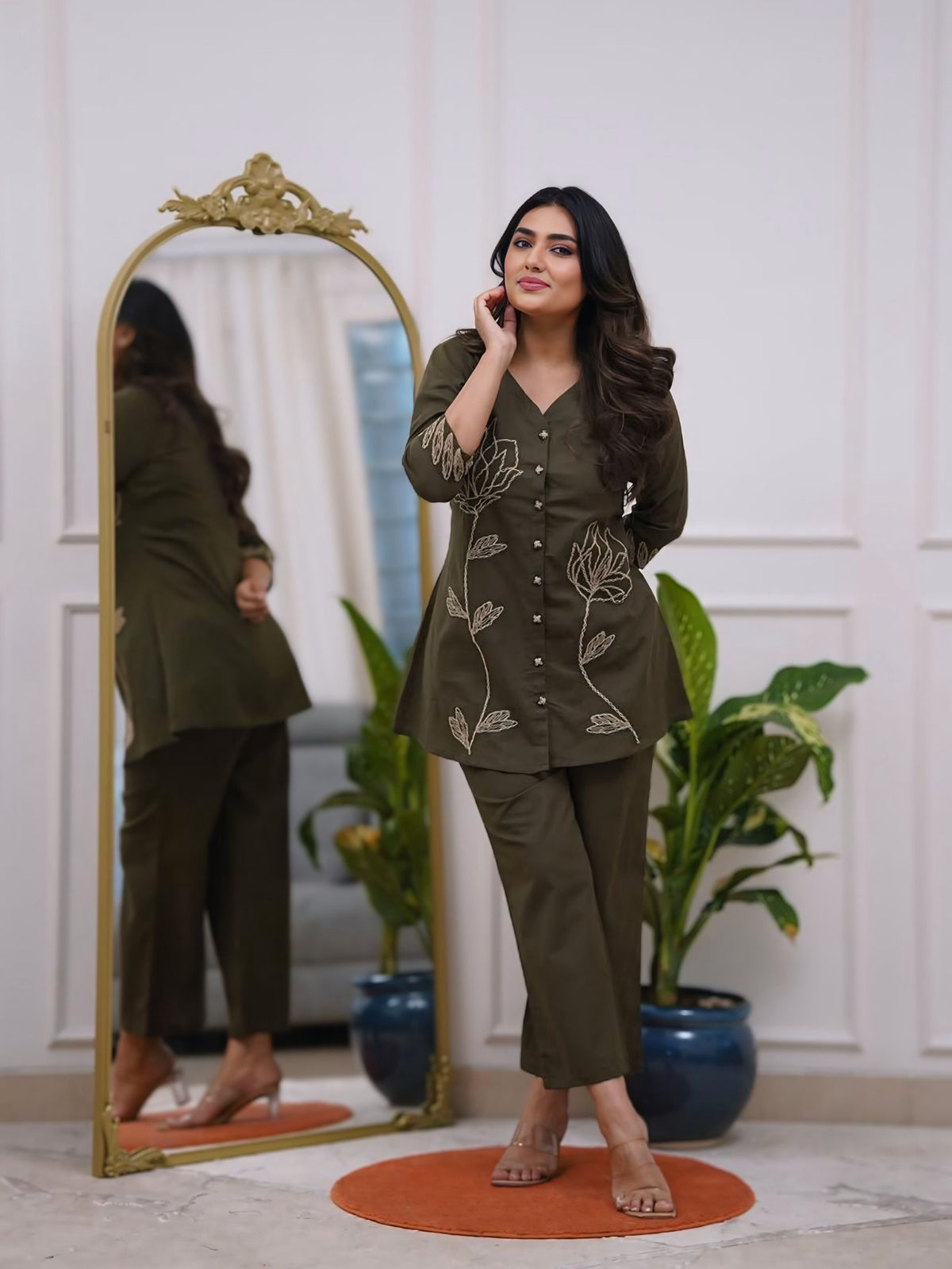 EGF Rayon Embroidery Olive Green Cord sets - Dista