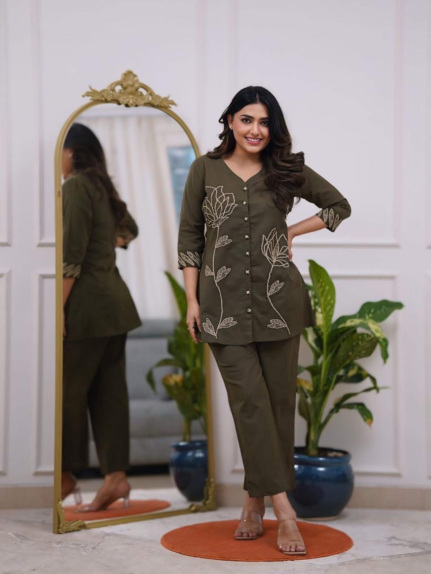 EGF Rayon Embroidery Olive Green Cord sets - Dista