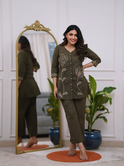 EGF Rayon Embroidery Olive Green Cord sets - Dista