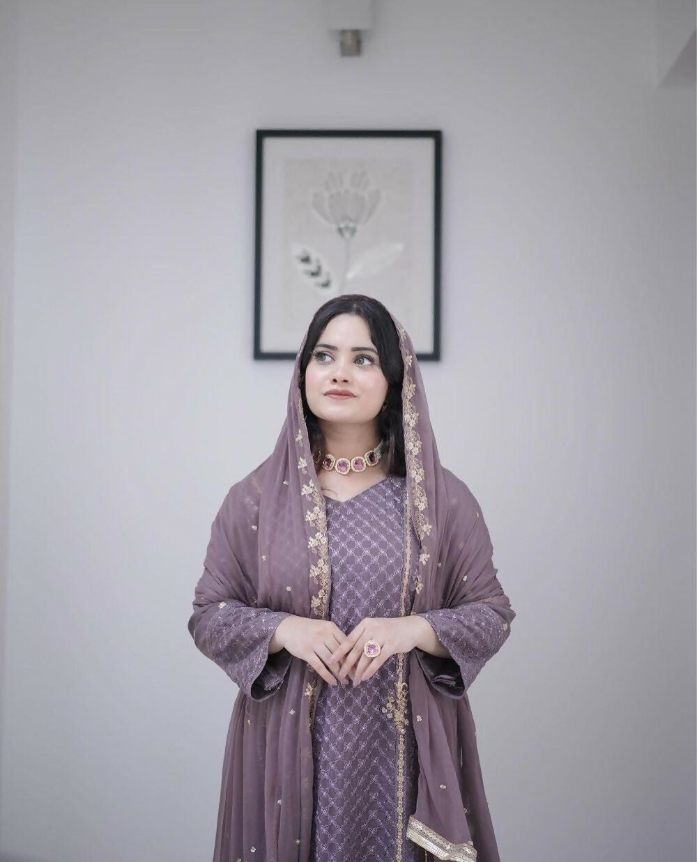 Divine Drape Women's Georgette Embroidered Straight Kurta Pant With Dupatta - Purple