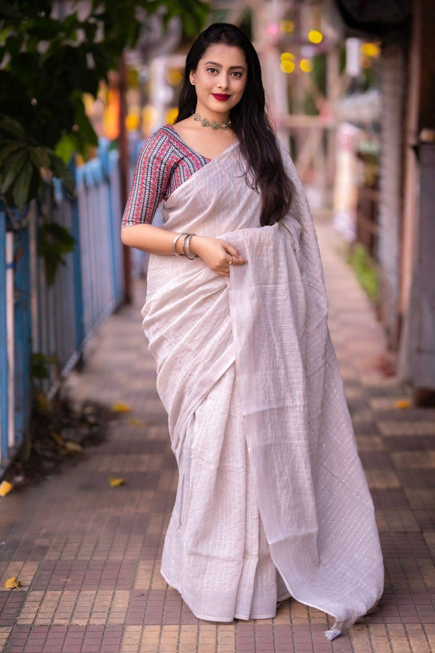 Grey Linen Sequence Saree with Unstitched Blouse - Hiral Fashion - Distacart