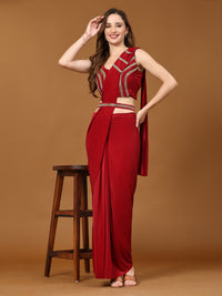 Thumbnail for Red Imported Crystle Solid Ready to Wear Saree with stitched Blouse - Nita - Distacart