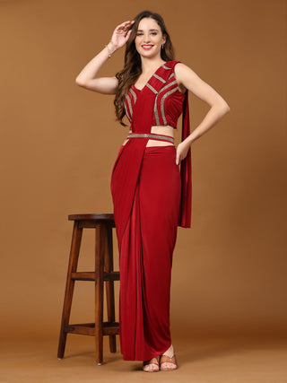 Red Imported Crystle Solid Ready to Wear Saree with stitched Blouse - Nita - Distacart