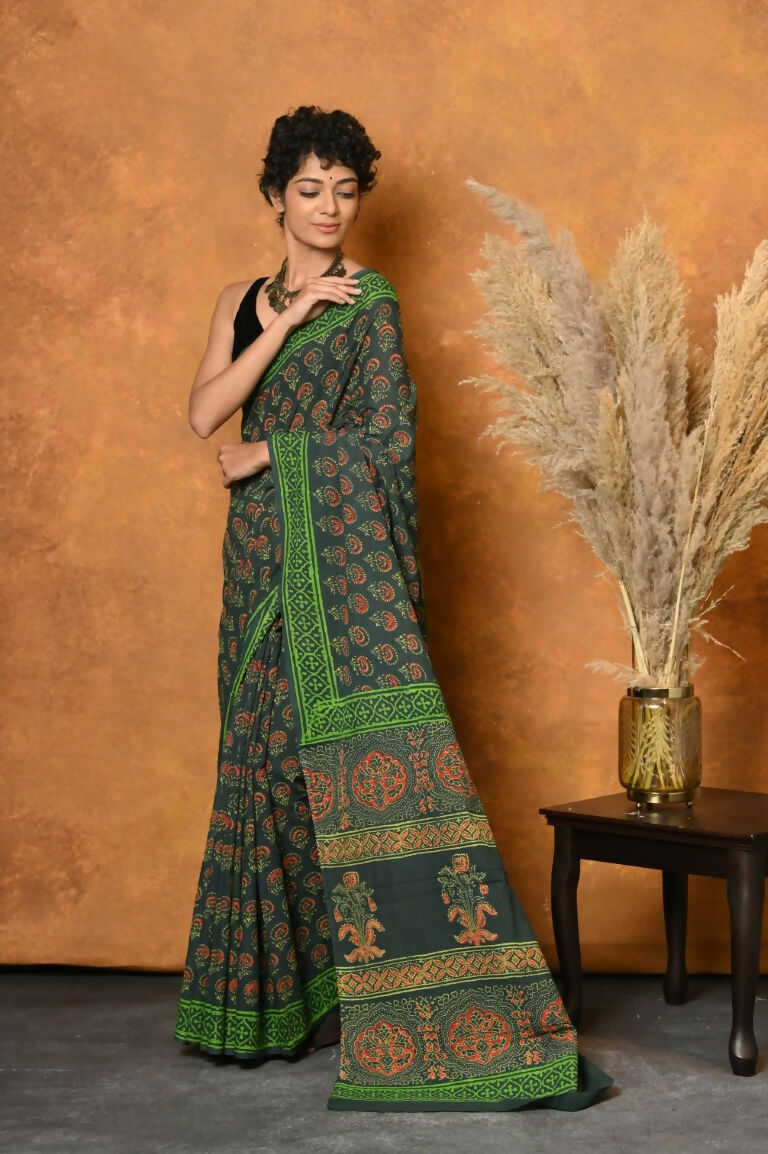 Very Much Indian Handblock Printed Cotton Saree With Natural Dyes - Green - Distacart