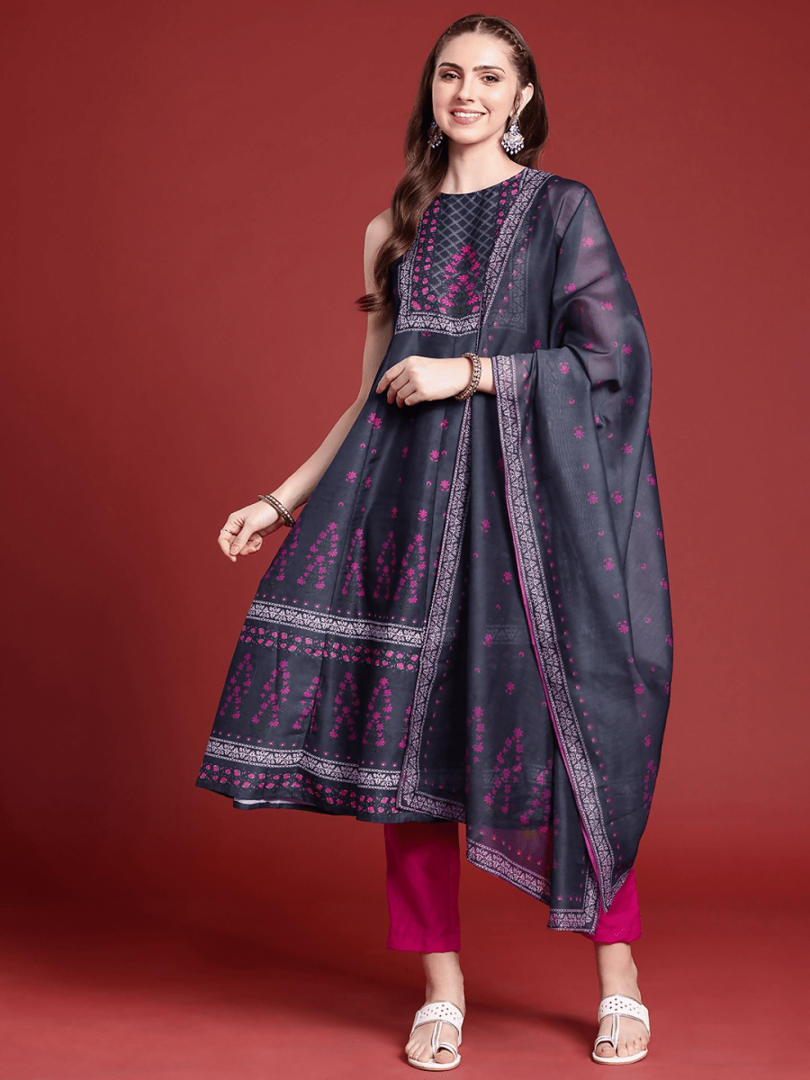 Anouk Floral Printed A-Line Kurta With Trousers & With Dupatta - Distacart