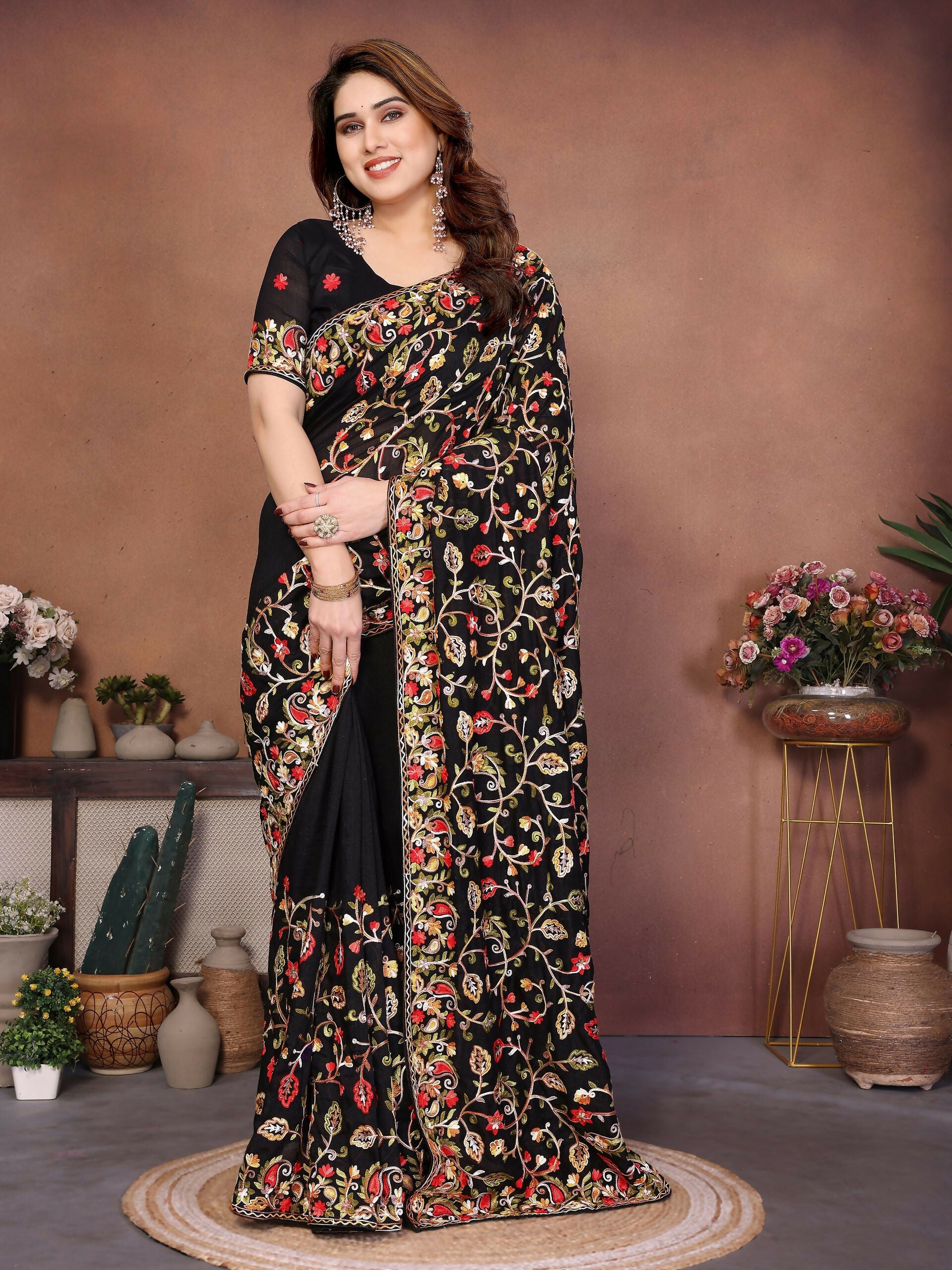 Teeya Creation New Latest Party Wear Lucknowi Soft Silk Saree-Black - Dista