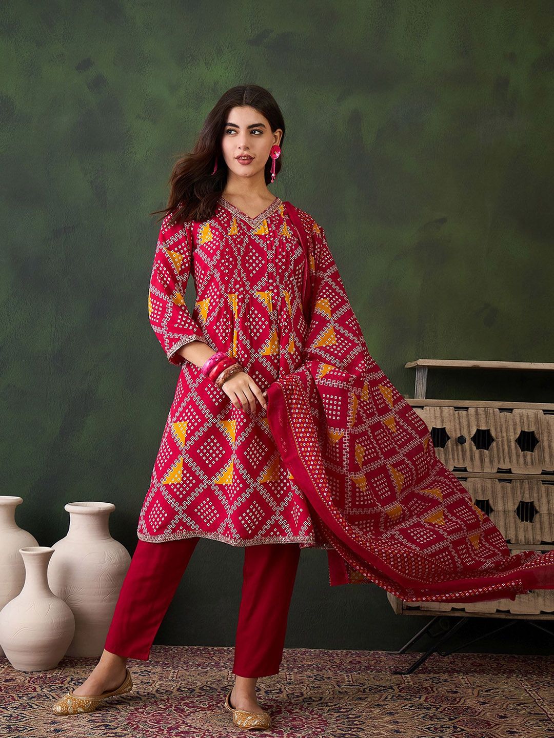 Sangria Printed V- Neck Kurta, Trouser & Dupatta Set - Distacart