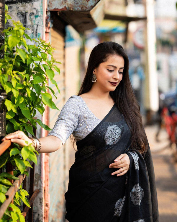 Black Pure Linen Woven Design Saree with Unstitched Blouse - Hiral Fashion - Distacart