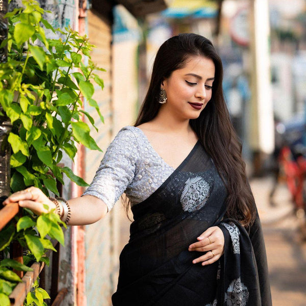 Black Pure Linen Woven Design Saree with Unstitched Blouse - A2M - Distacart