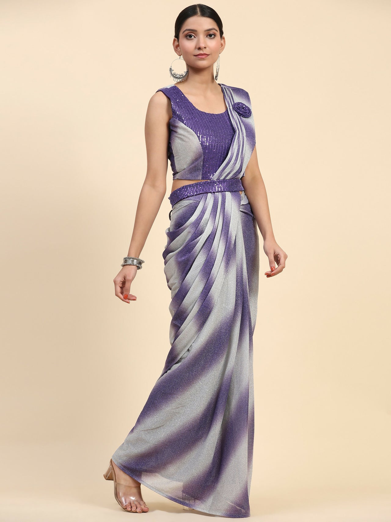 Purple Polyester Solid Ready to Wear Saree with stitched Blouse - Aayan - Distacart