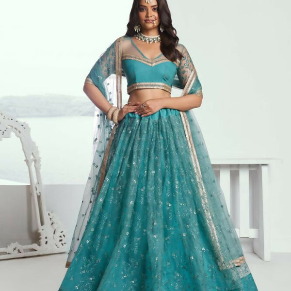 Aastha Fashion Rama Green Butterfly Net Tone To Tone Cotton Thread Work And Sequence Work Embroidery Wedding Wear Lehenga Choli - Distacart