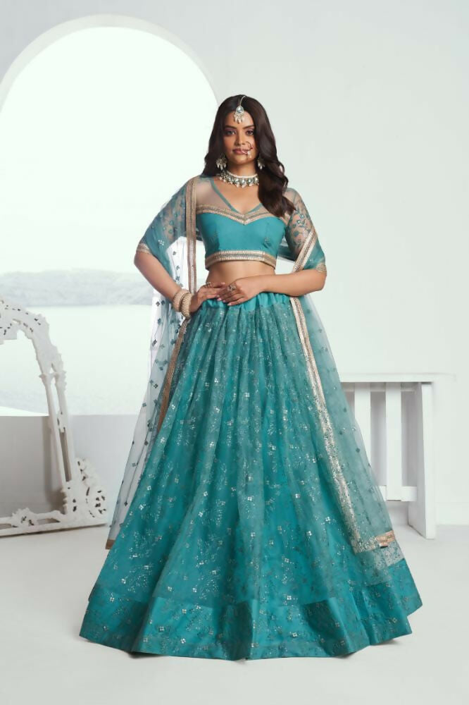 Aastha Fashion Rama Green Butterfly Net Tone To Tone Cotton Thread Work And Sequence Work Embroidery Wedding Wear Lehenga Choli - Distacart