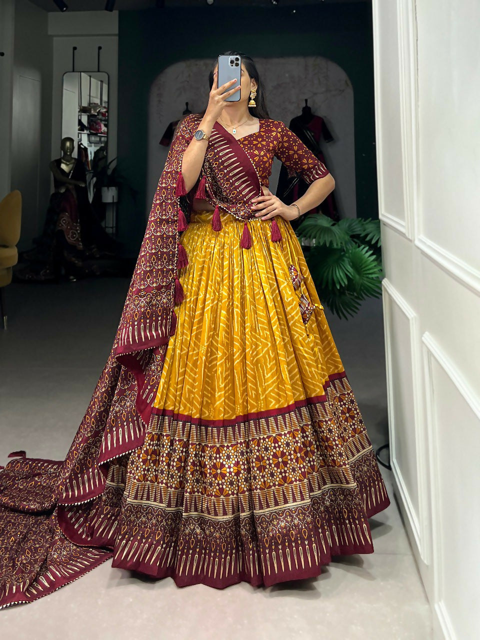 Vastranavya Bandhej And Ajarakh Print Tussar Silk Lehenga Choli - Mustard - Distacart