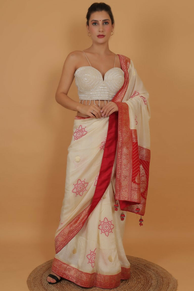 Joban Fashion Silk Pearl And Beads Hand Embroidery Padded Blouse - Pearl White