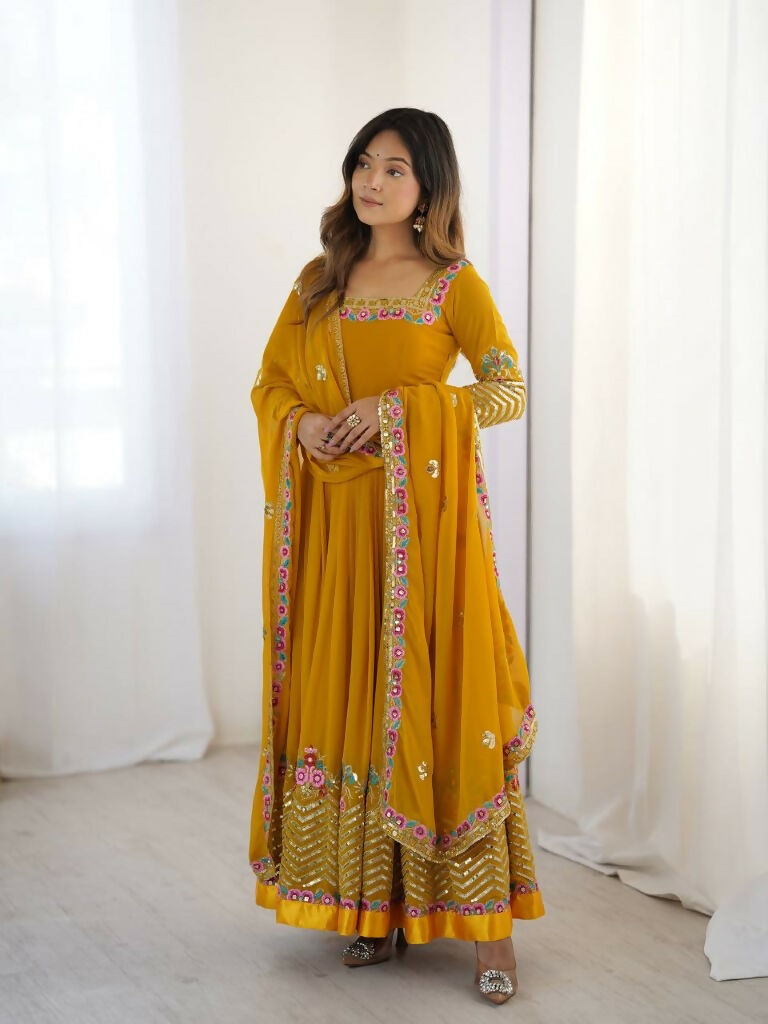 Teeya Creation Yellow Color Heavy Georgette Wedding Wear Embroidery Work Long Gown