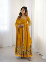 Thumbnail for Teeya Creation Yellow Color Heavy Georgette Wedding Wear Embroidery Work Long Gown