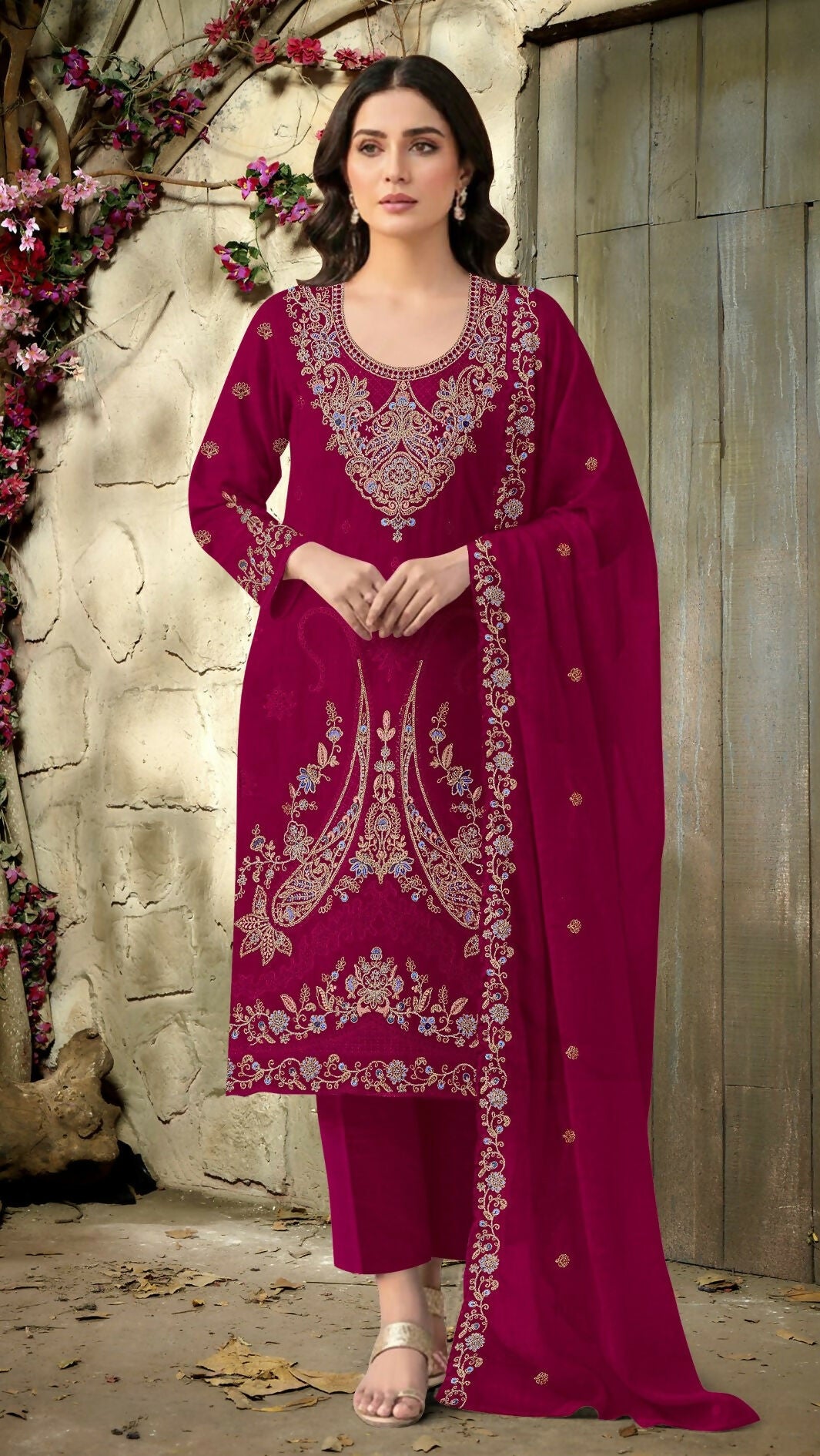 Anaita Red Velvet Suit With Embroidery Codding Work - Distacart