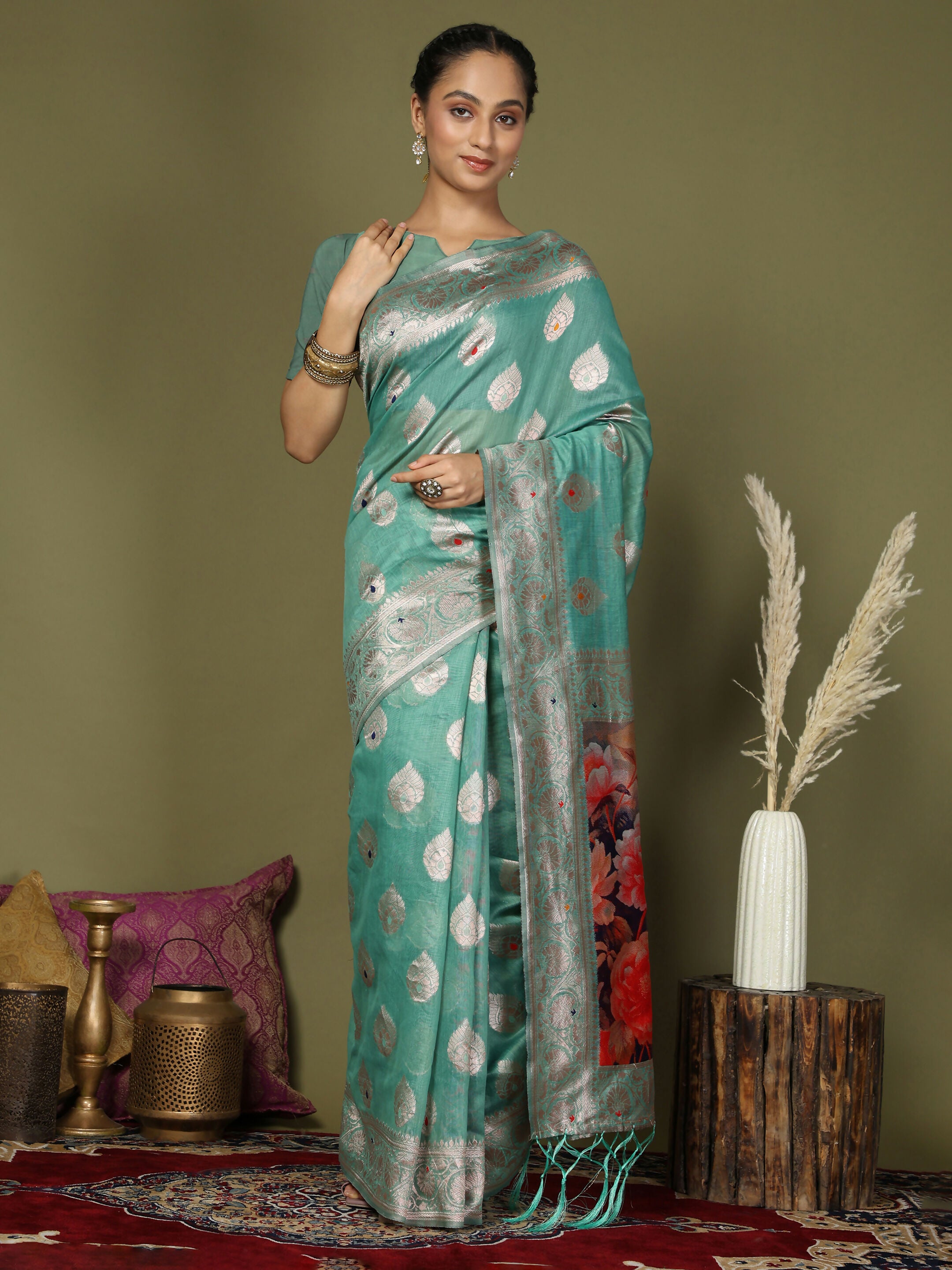 Astita Linen Cotton Rama Green Saree