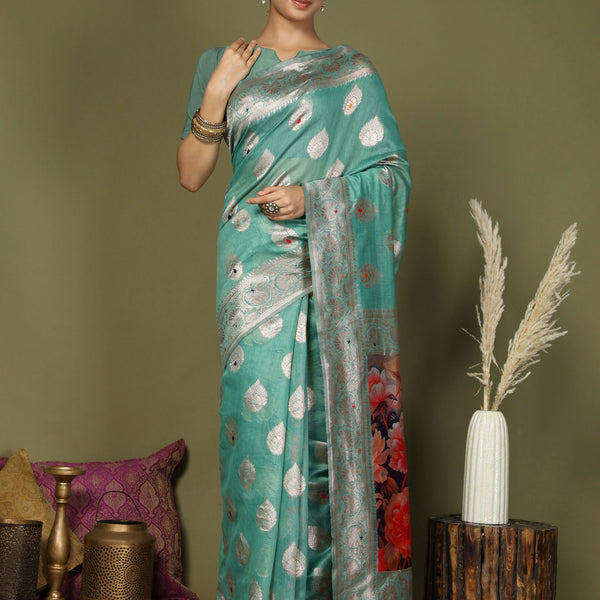 Astita Linen Cotton Rama Green Saree