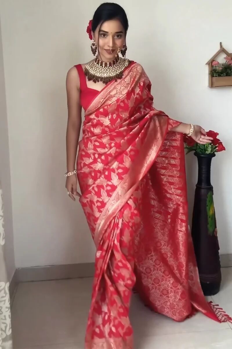 Malishka litchi Silk Jacquard Ready To Wear Saree With Blouse Piece - Red - Distacart